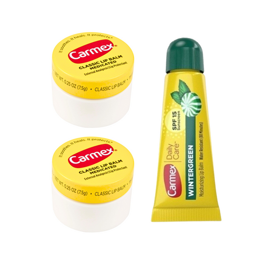 Mix de 3 Carmex Bálsamo Labial: 2 Carmex Clásicos formato pote, 1 Carmex Tubo Wintergreen.