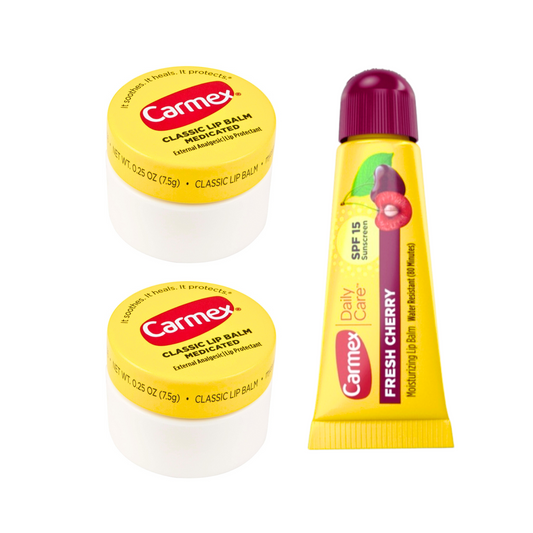 Mix de 3 Carmex Bálsamo Labial: 2 Carmex Clásicos formato pote, 1 Carmex Tubo Fresh Cherry