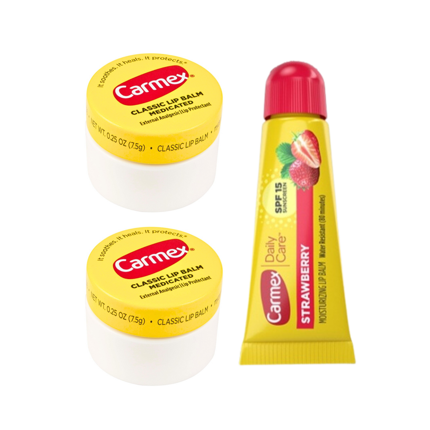 Mix de 3 Carmex Bálsamo Labial: 2 Carmex Clásicos formato pote, 1 Carmex tubo Strawberry