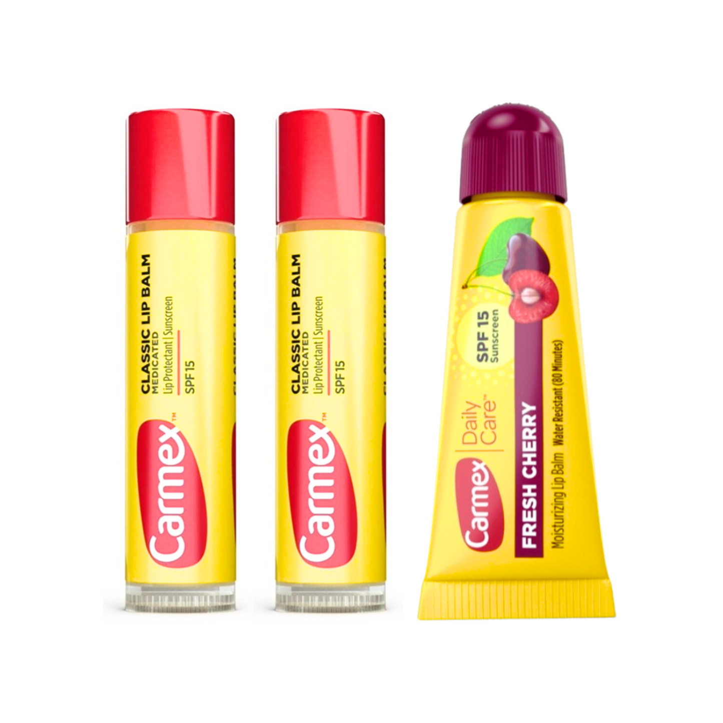 Mix de 3 Carmex Bálsamo Labial: 2 Carmex Clásicos formato stick, 1 Carmex Tubo Fresh Cherry