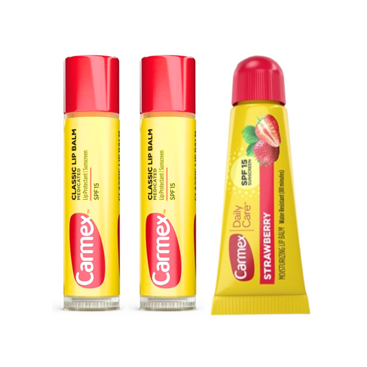 Mix de 3 Carmex Bálsamo Labial: 2 Carmex Clásicos formato stick, 1 Carmex Tubo Strawberry