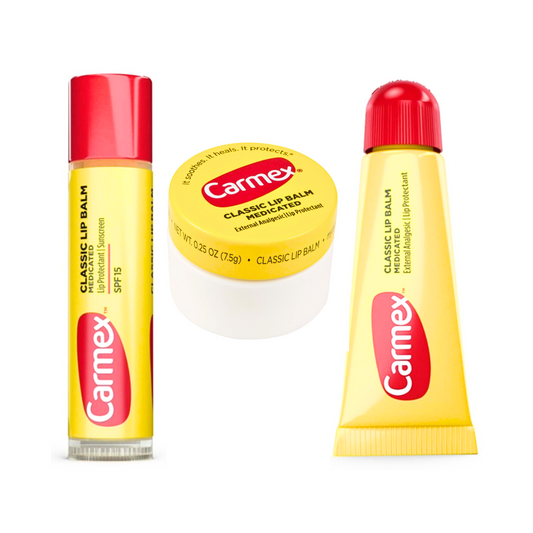 Mix de 3 Carmex Bálsamo Labial originales: 1 Carmex pote, 1 Carmex stick y 1 Carmex tubo.