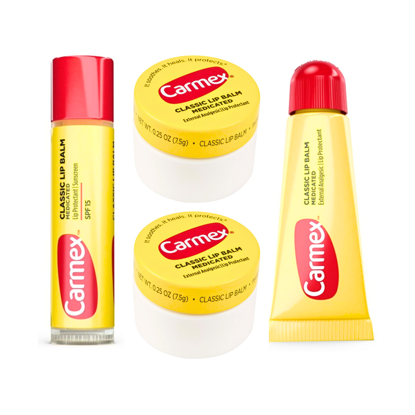 Mix de 4 Carmex Bálsamo Labial originales: 2 Carmex pote, 1 Carmex stick y 1 Carmex tubo.